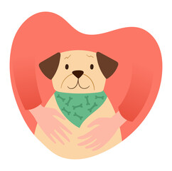 Adopt Friend concept. Man in shape of big heart hugs cute dog with his hands. Love and care for animals. Assistance to homeless animals. Do not buy pets. Cartoon modern flat vector illustration