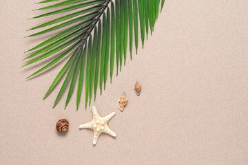 Palm leaves artificial, starfish and seashells. Beige craft paper background. Travel and vacation concept. Top view, flat lay.