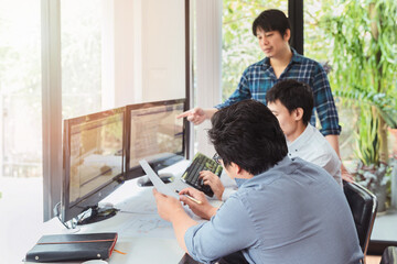 Fototapeta premium Programmers team working in a software developing. Developing programming and coding technologies. Website design. Cyber space concept.