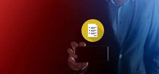 Businessman man holding a document icon in his hand Document Management Data System Business...