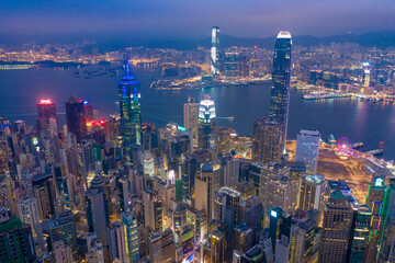 Obraz premium Night view from Victoria Peak in Hong Kong. Aerial shot.