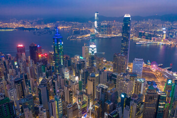 Night view from Victoria Peak in Hong Kong. Aerial shot.