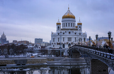 View of the Cathedral of Christ the Savior and the Patriarch Bridge in Moscow on a winter day