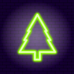 Christmas Tree. Neon illustration on dark brick wall background.