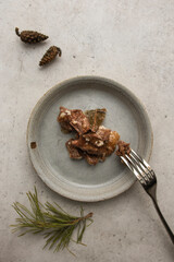 Stew on a plate. Preservation and storage of products.