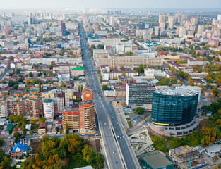  View from the plane to Voroshilovsky Prospekt and the city center. Rostov-on-Don - October 18, 2021.