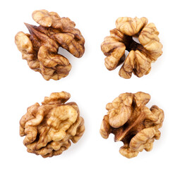 Walnut kernel set on a white background, isolated. Top view