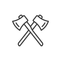 Linear icon of two crossed axes. A simple image of axes for deforestation and chopping wood. Isolated vector on pure white background.