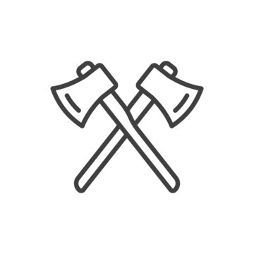 Linear icon of two crossed axes. A simple image of axes for deforestation and chopping wood. Isolated vector on pure white background.