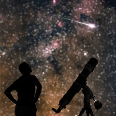 Silhouette of a man with astronomical telescope under the starry skies.