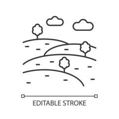 Hills linear icon. Natural elevation. Land formation raised above surface. Medium height mountain. Thin line customizable illustration. Contour symbol. Vector isolated outline drawing. Editable stroke