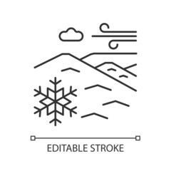 Cold desert linear icon. Polar desert. Snow and ice covered large plain area. Arctic land type. Thin line customizable illustration. Contour symbol. Vector isolated outline drawing. Editable stroke