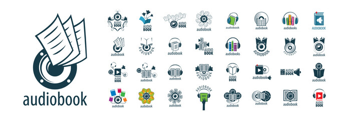 A set of vector audiobook logos on a white background