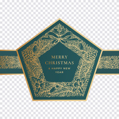 Christmas and New Year Hand Drawn Wreath with Stripe or Band. Frame Banner Sticker or Wrapping Template. Abstract Holiday Promo Sale Vector Label with Retro Typography and Golden Glitter. Isolated