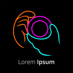 photo studio logo with an image of a hand holding a camera in modern and cheerful colors