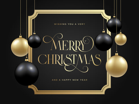 Christmas Black and Golden Baubles on Dark Background. Modern Golden Glitter Greetings Classic Frame Template. Winter Holiday Social Media Card or Poster Mockup. New Year 3D Ball Social Network Banner