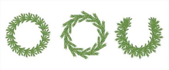 Green spruce tree in vintage style. Natural art decoration. Frame template. Branches Wreath Border garland. Vector set. Vector drawing. 