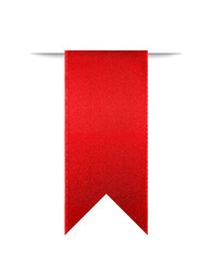 Shiny red ribbon bookmark for use as a page reminder. Photographed isolated on a white background....