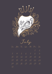 Magic calendar 2022 Month July. Stylish graphic vintage vector illustration. Raven skull in crown, flowers, grass. The concept finiteness of being. For calendar, halloween, planner, note, organizer