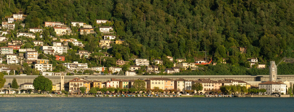 Bissone, Switzerland - October 6th 2021: The village centre divided by the autoroute