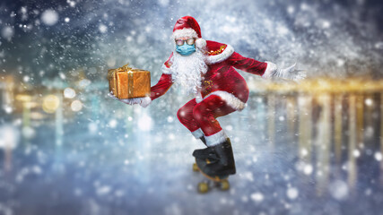  Santa Claus in the medical mask drive on the skateboard delivering gifts - quarantine danger at...