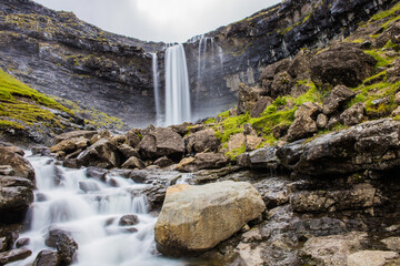 Obraz premium A beautiful view of Fossa, the highest waterfall on the Faroe Islands
