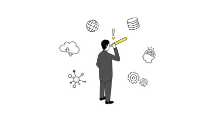 望遠鏡で発見するビジネスマンのコンセプトイラスト、テクノロジーのアイコン、ベクター、白バック
