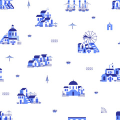 Seamless pattern with blue-white houses, mill, church, arch, steps. Vector illustration in flat style for touristic industry.