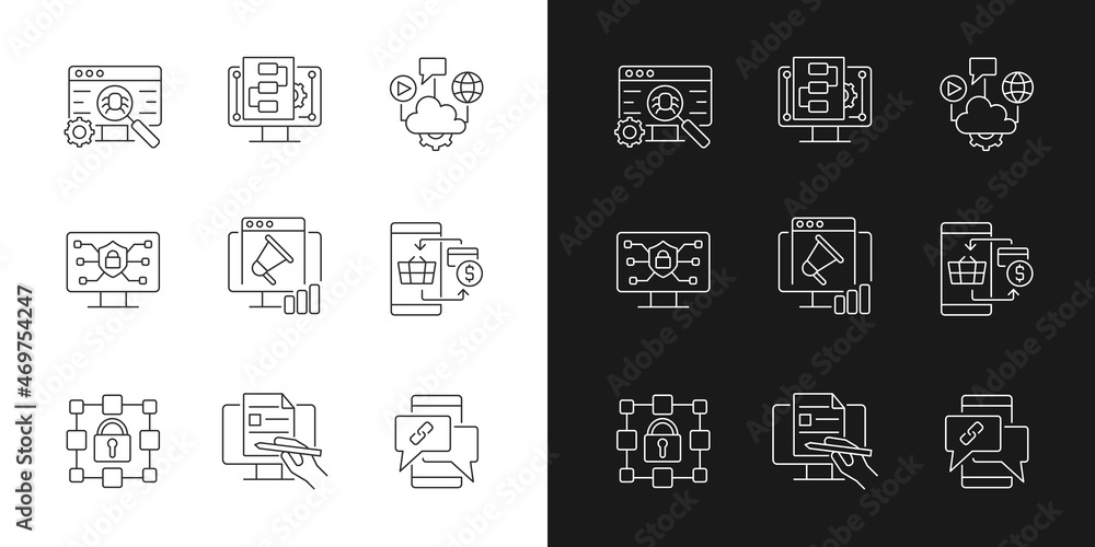 Poster digital proficiency linear icons set for dark and light mode. internet safety. cloud solutions. prom