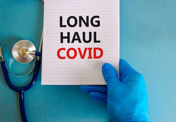 COVID-19 long-haul covid symptoms symbol. White card with words Long haul covid. Doctor hand,...