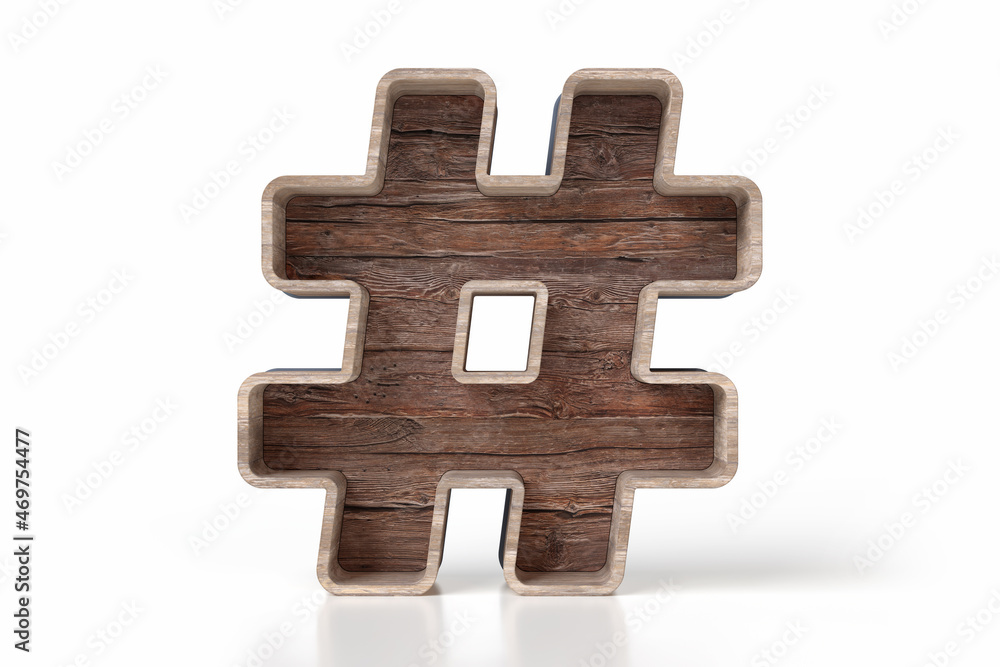 Poster bark wooden rustic shelf in the shape of a hashtag sign with empty spaces to display products such a