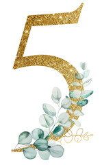 Obraz premium Golden number 5 decorated with green Watercolor eucalyptus branches isolated