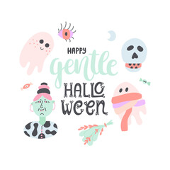 Doodle hand-drawn illustrations - lady vampire, ghost, mummy ghost. With lettering and calligraphy - Hello gentle Halloween. Cute vector greeting card. Vector isolated on white background.