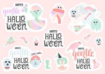 Set of cute Halloween stickers in pastel colors. Pretty childish doodle illustrations with hand-drawn text. 