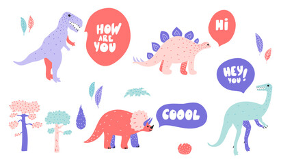Set of doodle illustrations of Velociraptor, Tyrannosaurus Rex, Stegosaurus, Triceratops with common phrases lettering. Pretty childish drawings in pastel colors. Vector isolated on white.