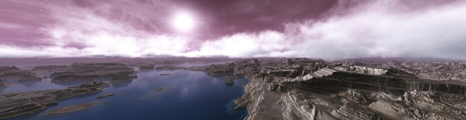 Alien landscape at sunrise, Mars at sunset, Mars panorama, 3D rendering