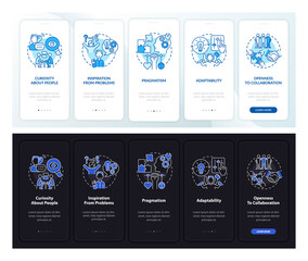 Social business features dark, light onboarding mobile app page screen. Walkthrough 5 steps graphic instructions with concepts. UI, UX, GUI vector template with linear night and day mode illustrations