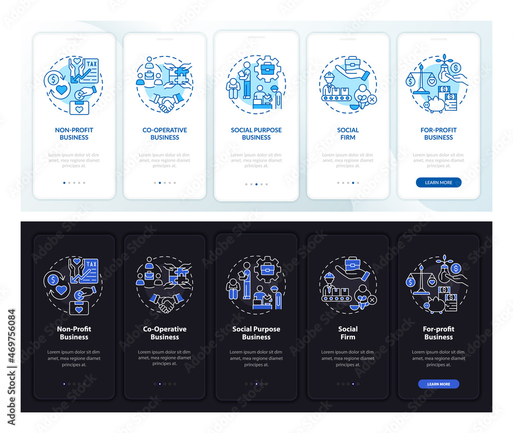 Poster types of social business dark, light onboarding mobile app page screen. walkthrough 5 steps graphic 