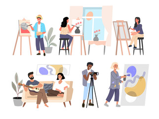 Creative characters artist vector set. People art, musician and photographer. Man and woman