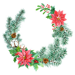 Watercolor circle floral frame with winter plants. Hand painted poinsettia and fir branches, berries and leaves, pine cones on a white background. Festive Christmas card for design, print, photo