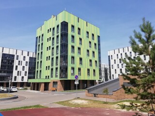 Innopolis, Russia - June 11, 2018: Modern building in It-village in Kazan district. Innopolis city in Republic of Tatarstan. Residential buildings in Innopolis.