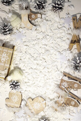 Christmas card,Happy Christmas concept, snow, hat,skis, wooden sleigh,copy space