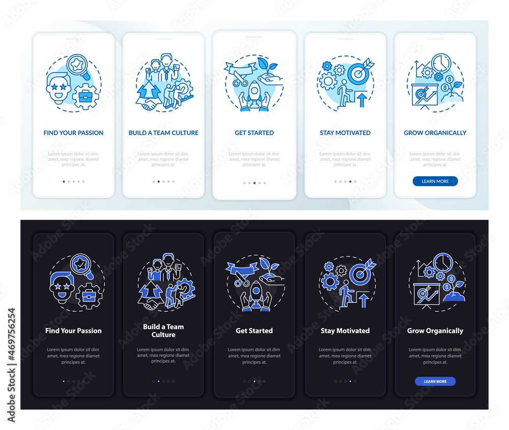 Poster start social enterprise dark, light onboarding mobile app page screen. walkthrough 5 steps graphic i
