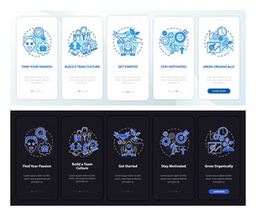 Start social enterprise dark, light onboarding mobile app page screen. Walkthrough 5 steps graphic instructions with concepts. UI, UX, GUI vector template with linear night and day mode illustrations
