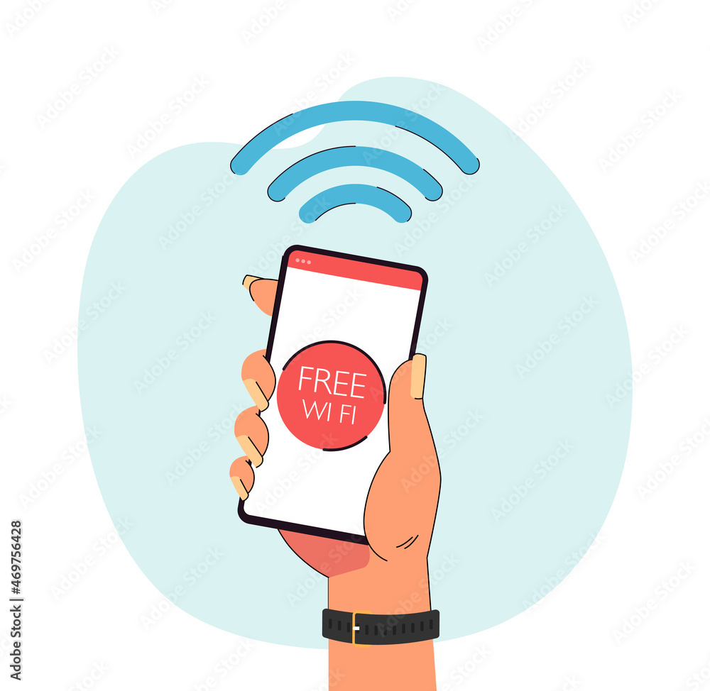 Poster hand holding smartphone with free wi-fi symbol on screen. user accessing free network flat vector il