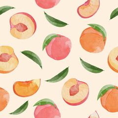seamless patterns with Peach Fruit. Botanical illustration of  Peach. Trendy hand drawn textures.