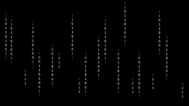 Binary code on a dark background. Abstract animated background from particles of a computer program. Hacker attacks and cyber security concept.