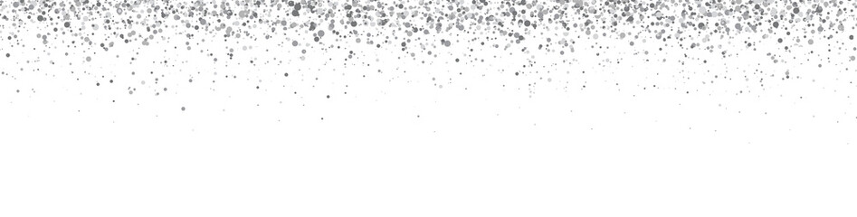 Silver glitter long background. Diamond confetti banner. Christmas sparkle border. Grey dust falling. Holiday party decoration. Snow xmas pattern. Magic design. Powder frame. Vector illustration