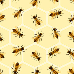 Vector glossy bees on honeycomb pattern