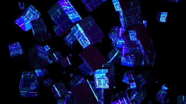Abstract background 3D animation futuristic cyberspace, technological elements, snippets of digital data rotating in a space.